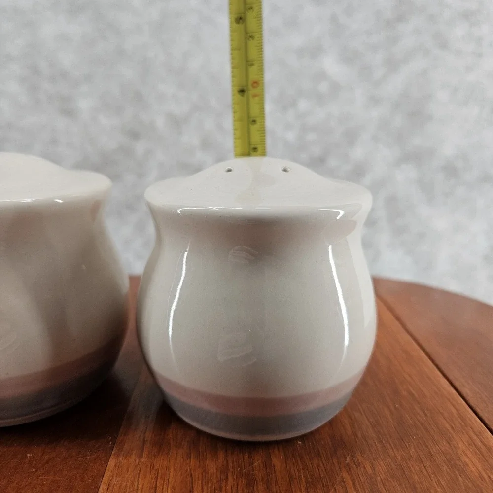 Pfaltzgraff Aura Salt Pepper Set USA Made Cream W/Pink Blue Band 90s Vtg Retired